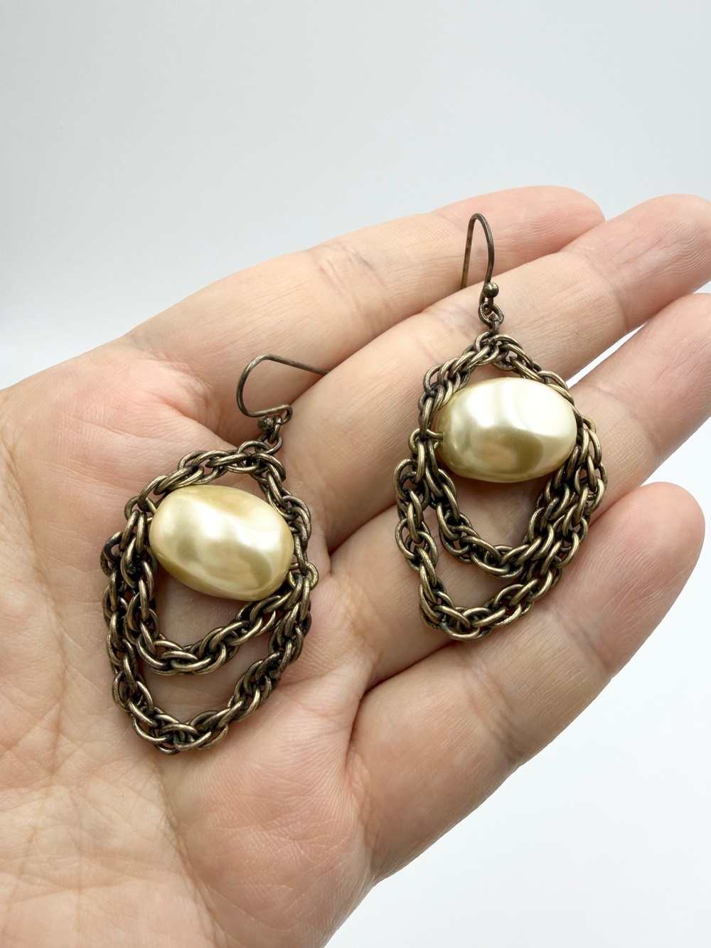 Vintage Bronze Tone Chain & Faux Pearl Dangle Earrings Boho